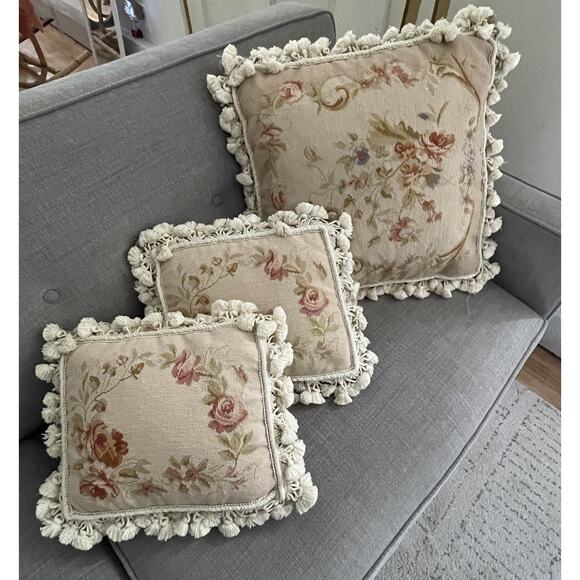 Qty. 3 Petit Point Needlepoint Wool Pillows 20” Sq & 12x14 French Abusson Style - Picture 4 of 16